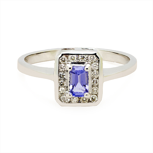 Zaveris 9 Carat White Gold Emerald Cut Tanzanite and Halo Diamond Ring