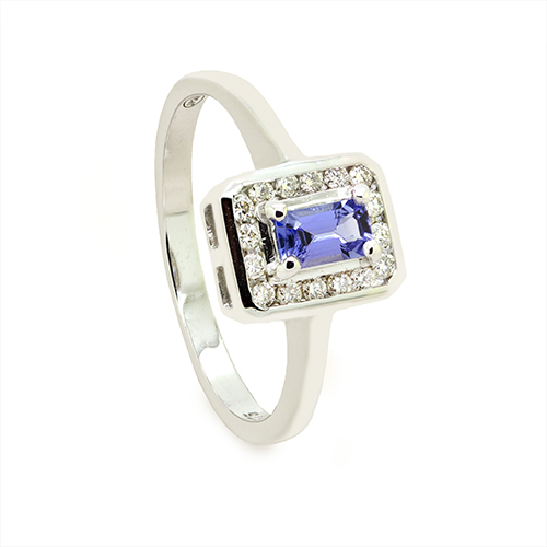 Zaveris 9 Carat White Gold Emerald Cut Tanzanite and Halo Diamond Ring