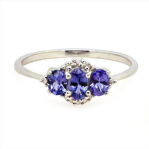 Zaveris 9 Carat White Gold Trio Oval-Cut Tanzanite and Diamond Ring