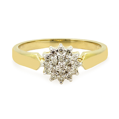 Zaveris Pinched 9 Carat Yellow Gold and Cluster Diamond Ring