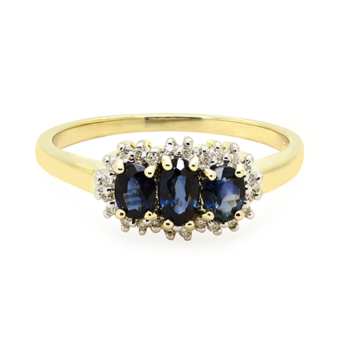 Zaveris 9 Carat Yellow Gold Trio Oval-Cut Sapphire and Halo Diamond Ring