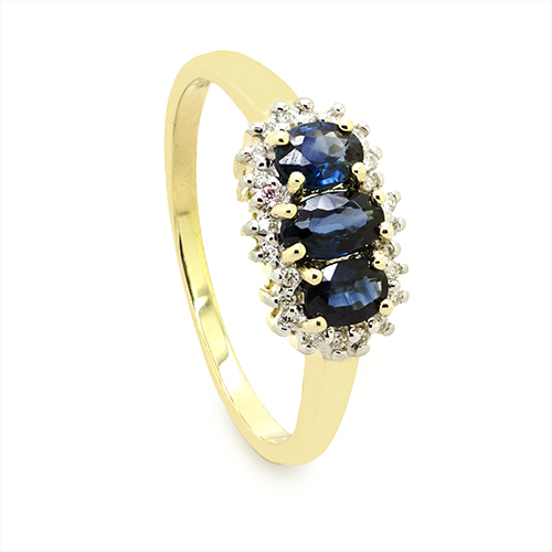 Zaveris 9 Carat Yellow Gold Trio Oval-Cut Sapphire and Halo Diamond Ring