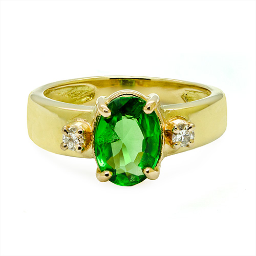 Zaveris Reverse Tapered 18 Carat Yellow Gold Oval Cut Tsavorite and Diamond Ring