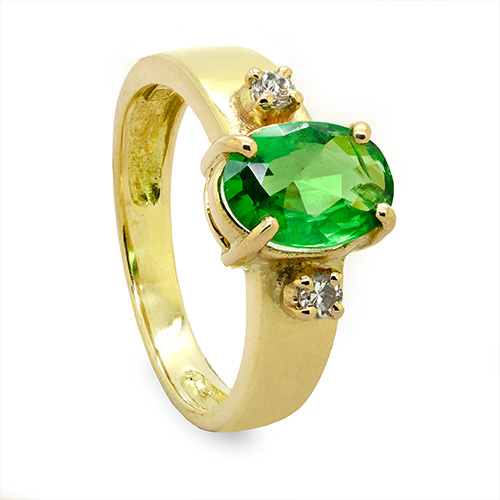 Zaveris Reverse Tapered 18 Carat Yellow Gold Oval Cut Tsavorite and Diamond Ring