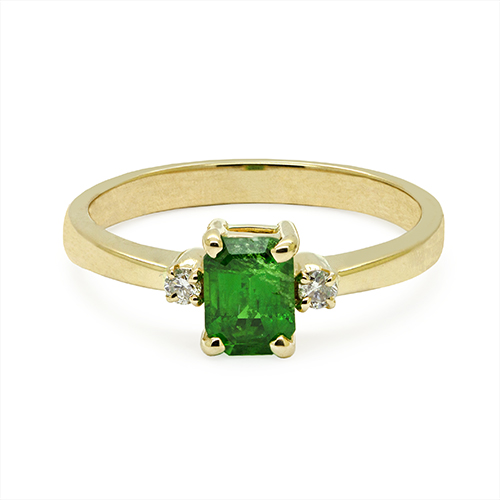 Zaveris 18 Carat Yellow Gold Four-Prong Emerald Cut Tsavorite and Diamond Ring