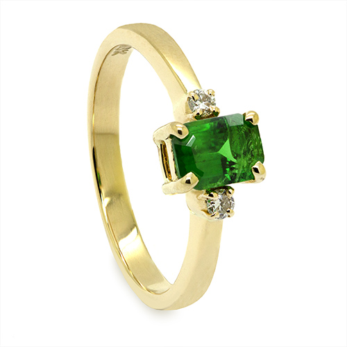 Zaveris 18 Carat Yellow Gold Four-Prong Emerald Cut Tsavorite and Diamond Ring