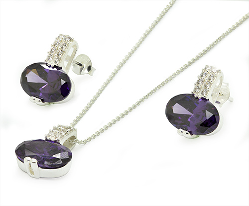 Zaveris Sterling Silver Purple Coloured Zircon Pendant Set