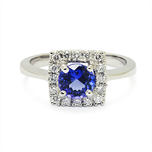 Zaveris 18 Carat White Gold Tanzanite and Diamond Halo Ring