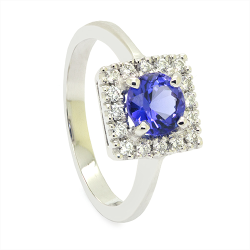 Zaveris 18 Carat White Gold Tanzanite and Diamond Halo Ring