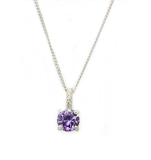 Zaveris Silver Amethyst Simulant Zirconia Solitaire Necklace
