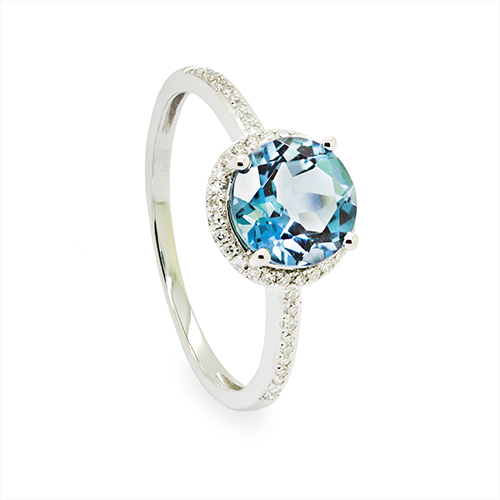 Zaveris 14 Carat White Gold Blue Topaz and Diamond Halo Ring