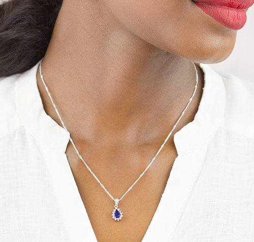 Zaveris Sterling Silver Pear Cut Simulant Blue Sapphire Pendant Set
