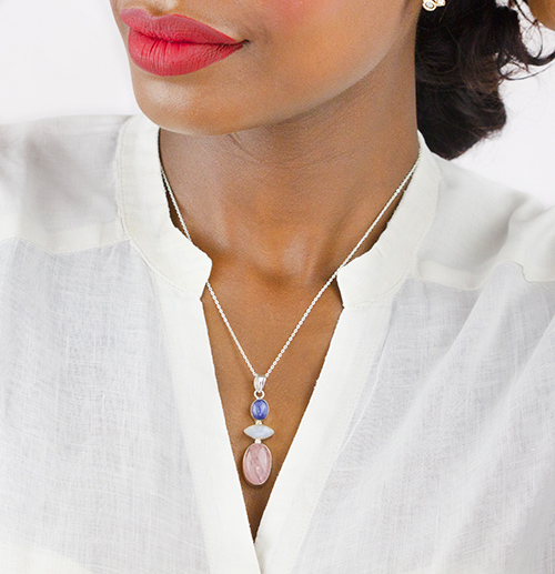 Zaveris Sterling Silver Morganite, Rainbow Moonstone and Kyanite Necklace