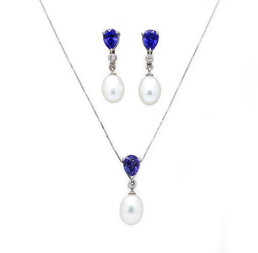 Zaveris 18K White Gold Tanzanite and Pearl Necklace Set