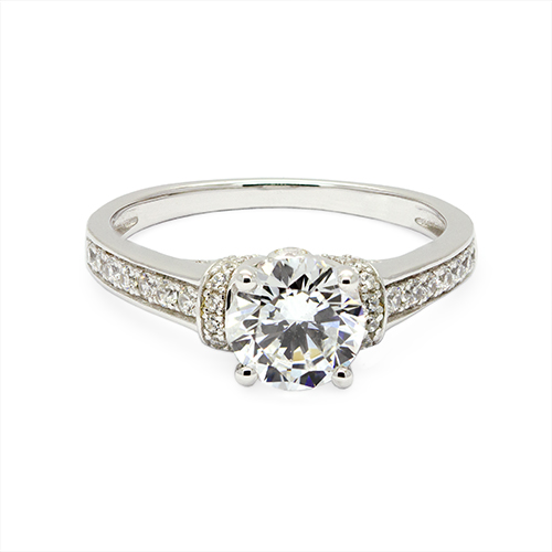 Zaveris 9 Carat White Gold Pavé Zircon Solitaire Ring