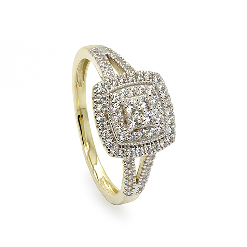 Zaveris 9 Carat Yellow Gold Square Halo White Cubic Zirconia Ring